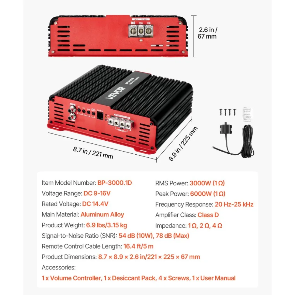 VEVOR Monoblock Car Amplifier, 3000W RMS MAX, 1/2/4 Ohm Stable, 1-Channel Class D Car Audio Amplifier with Remote Subwoofer Level Control, Low Pass Filter and Bass Boost, Volume Controller Included