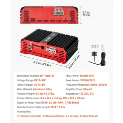 VEVOR Monoblock Car Amplifier, 1500W RMS MAX, 1/2/4 Ohm Stable, 1-Channel Class D Car Audio Amplifier with Remote Subwoofer Level Control, Low Pass Filter and Bass Boost, Volume Controller Included