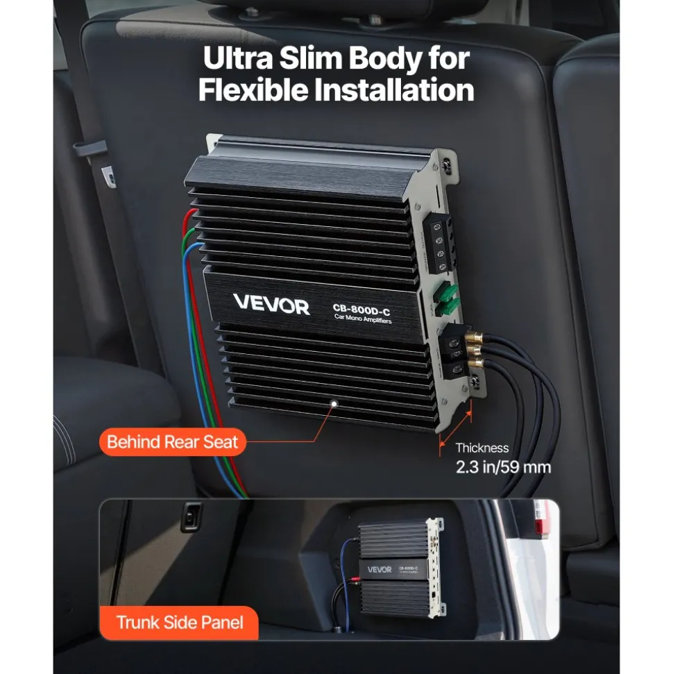 VEVOR Monoblock Car Amplifier, 800W RMS MAX, 1/2/4 Ohm Stable, 1-Channel Class D Car Audio Amplifier with Remote Subwoofer Level Control, Low Pass Filter, Bass Boost & Phase Shift, Volume Controller
