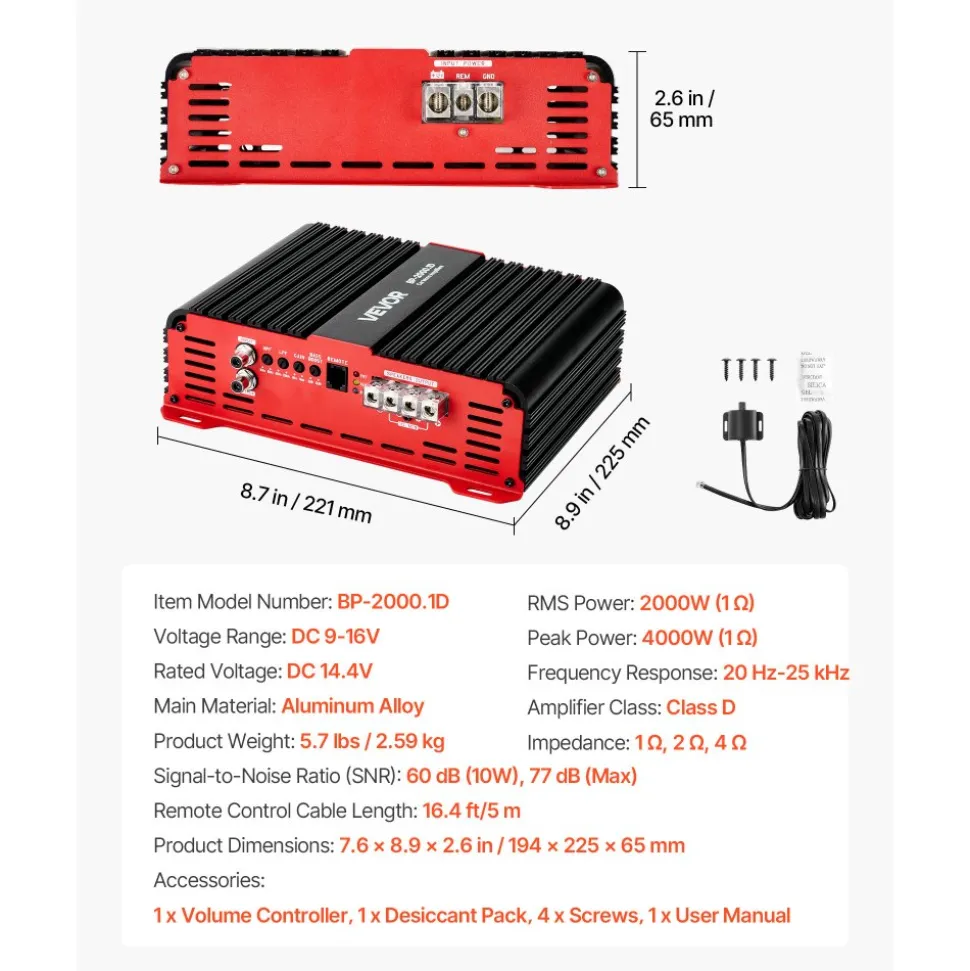 VEVOR Monoblock Car Amplifier, 2000W RMS MAX, 1/2/4 Ohm Stable, 1-Channel Class D Car Audio Amplifier with Remote Subwoofer Level Control, Low Pass Filter and Bass Boost, Volume Controller Included