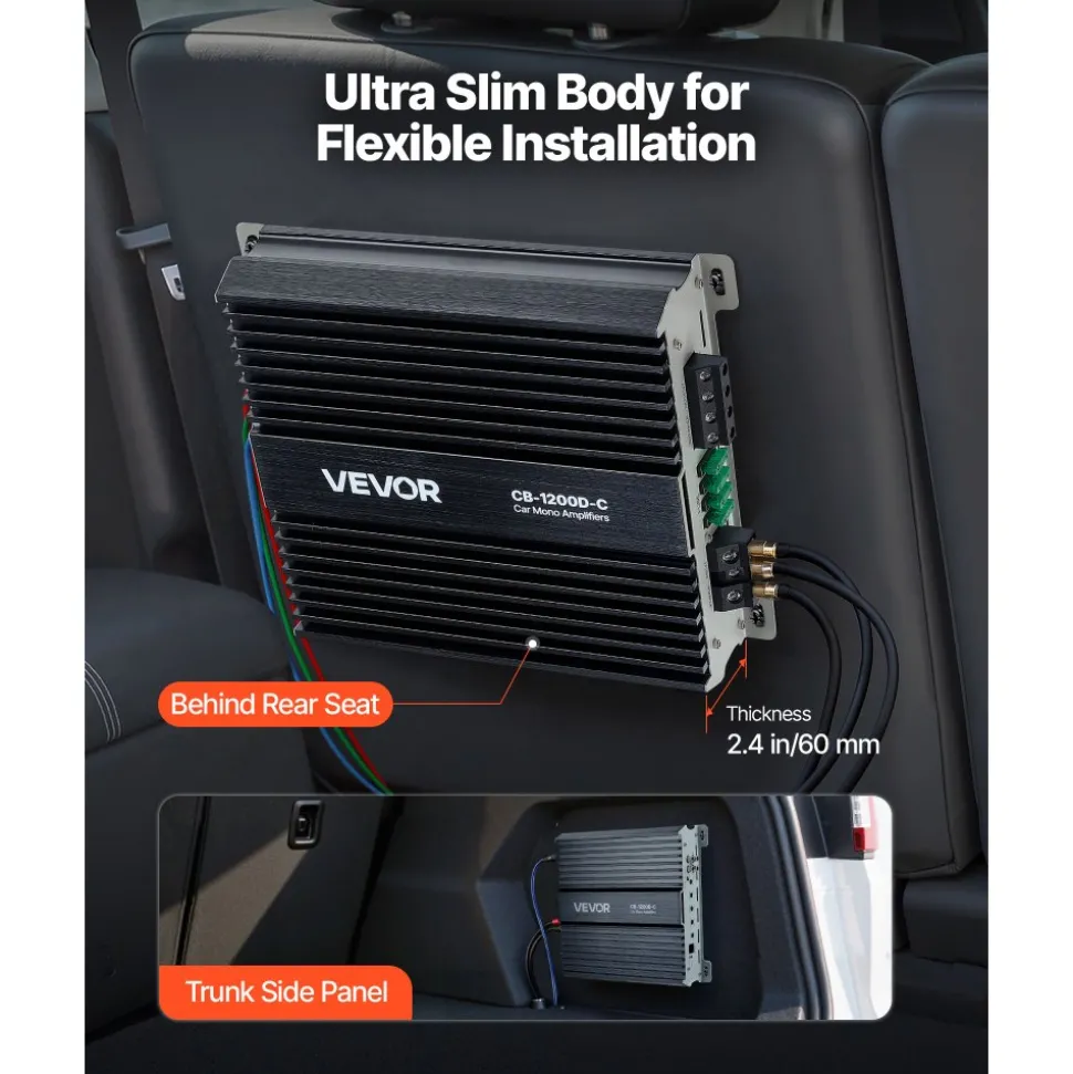 VEVOR Monoblock Car Amplifier, 1200W RMS MAX, 1/2/4 Ohm Stable, 1-Channel Class D Car Audio Amplifier with Remote Subwoofer Level Control, Low Pass Filter, Bass Boost & Phase Shift, Volume Controller