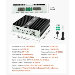 VEVOR Monoblock Car Amplifier, 1200W RMS MAX, 1/2/4 Ohm Stable, 1-Channel Class D Car Audio Amplifier with Remote Subwoofer Level Control, Low Pass Filter, Bass Boost & Phase Shift, Volume Controller