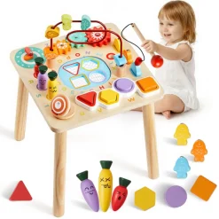 VEVOR Montessori Activity Table for Toddler 1-3 Years Old, 8 in 1 Wooden Learn Activity Desk, Baby Play Table for Boys & Girls Aged 6+ Months, Great Birthday, Christmas, Children's Day Present
