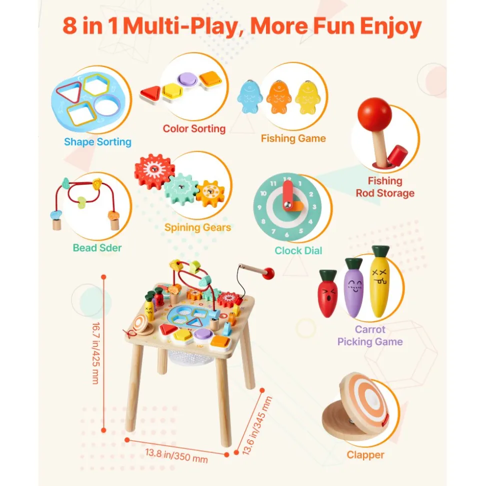 VEVOR Montessori Activity Table for Toddler 1-3 Years Old, 8 in 1 Wooden Learn Activity Desk, Baby Play Table for Boys & Girls Aged 6+ Months, Great Birthday, Christmas, Children's Day Present