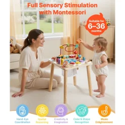 VEVOR Montessori Activity Table for Toddler 1-3 Years Old, 8 in 1 Wooden Learn Activity Desk, Baby Play Table for Boys & Girls Aged 6+ Months, Great Birthday, Christmas, Children's Day Present