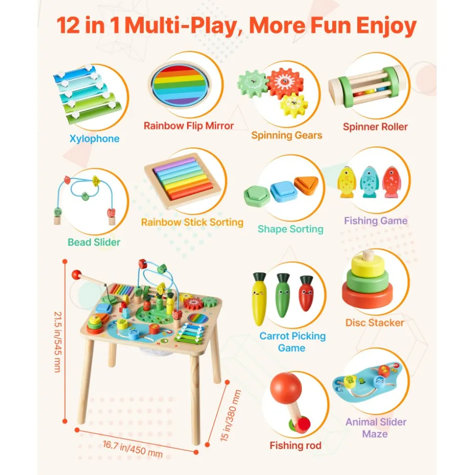 VEVOR Montessori Activity Table for Toddler 1-3 Years Old, 13 in 1 Wooden Learn Activity Desk, Baby Play Table for Boys & Girls Aged 6+ Months, Great Birthday, Christmas, Children's Day Present