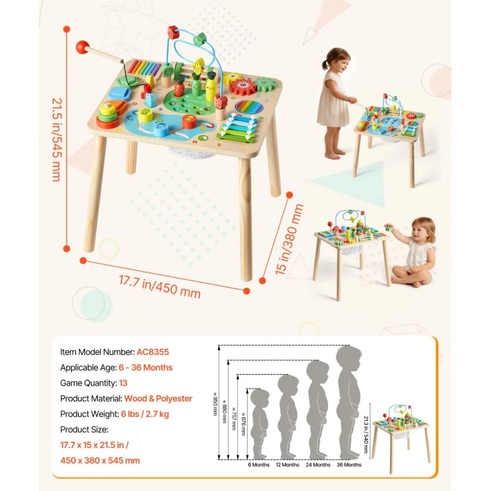 VEVOR Montessori Activity Table for Toddler 1-3 Years Old, 13 in 1 Wooden Learn Activity Desk, Baby Play Table for Boys & Girls Aged 6+ Months, Great Birthday, Christmas, Children's Day Present