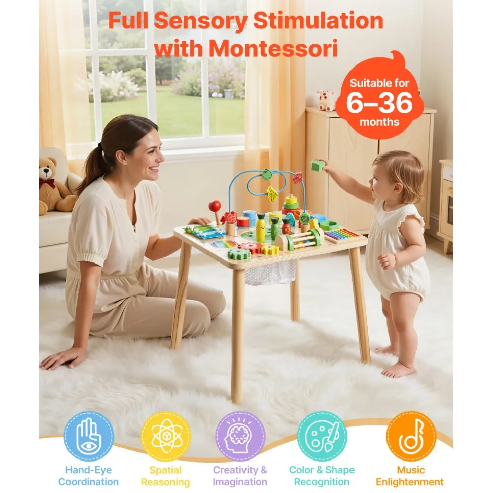 VEVOR Montessori Activity Table for Toddler 1-3 Years Old, 13 in 1 Wooden Learn Activity Desk, Baby Play Table for Boys & Girls Aged 6+ Months, Great Birthday, Christmas, Children's Day Present