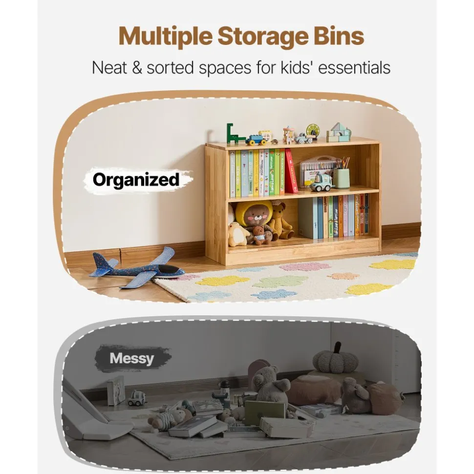 VEVOR Montessori Bookshelf, 35.4 in Width Toy Storage Organizer, 2-Tier Kids Display Storage Cabinet, Daycare Furniture, Kids Bookshelf for Bedroom, Nursery, Living Room, Entryway, Preschool, Brown