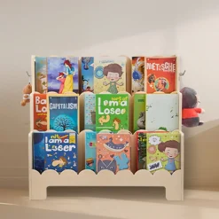 VEVOR Montessori Bookshelf, 3-Tier Scalloped Kids Bookshelf, Front Facing Toddler Bookcase, Dual Hooks for Hanging Backpacks, Baby Bookshelf for Kids Room, Living Room, Entryway, Nursury, Preschool