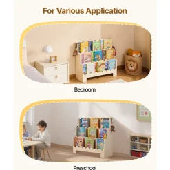 VEVOR Montessori Bookshelf, 3-Tier Scalloped Kids Bookshelf, Front Facing Toddler Bookcase, Dual Hooks for Hanging Backpacks, Baby Bookshelf for Kids Room, Living Room, Entryway, Nursury, Preschool