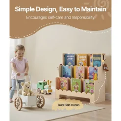 VEVOR Montessori Bookshelf, 3-Tier Scalloped Kids Bookshelf, Front Facing Toddler Bookcase, Dual Hooks for Hanging Backpacks, Baby Bookshelf for Kids Room, Living Room, Entryway, Nursury, Preschool