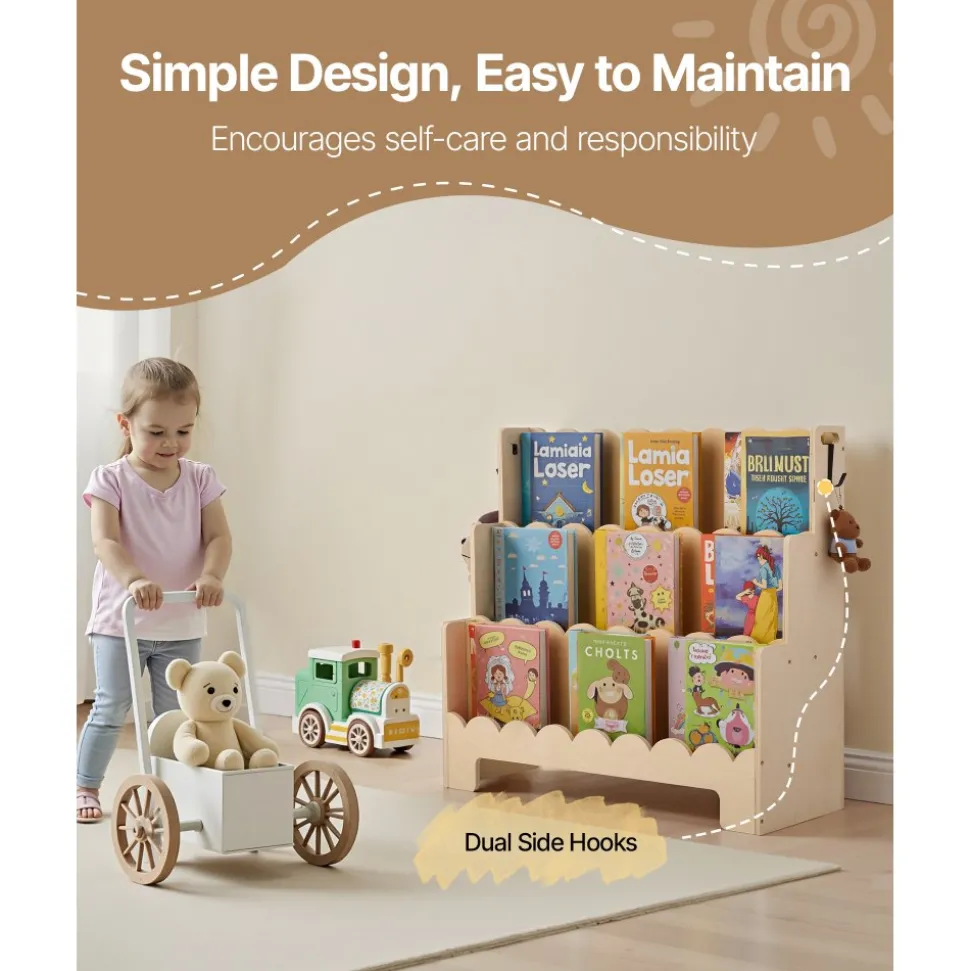 VEVOR Montessori Bookshelf, 3-Tier Scalloped Kids Bookshelf, Front Facing Toddler Bookcase, Dual Hooks for Hanging Backpacks, Baby Bookshelf for Kids Room, Living Room, Entryway, Nursury, Preschool