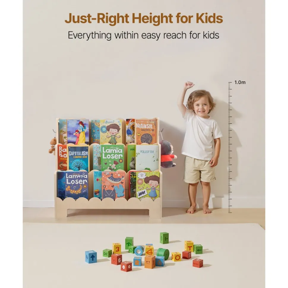 VEVOR Montessori Bookshelf, 3-Tier Scalloped Kids Bookshelf, Front Facing Toddler Bookcase, Dual Hooks for Hanging Backpacks, Baby Bookshelf for Kids Room, Living Room, Entryway, Nursury, Preschool