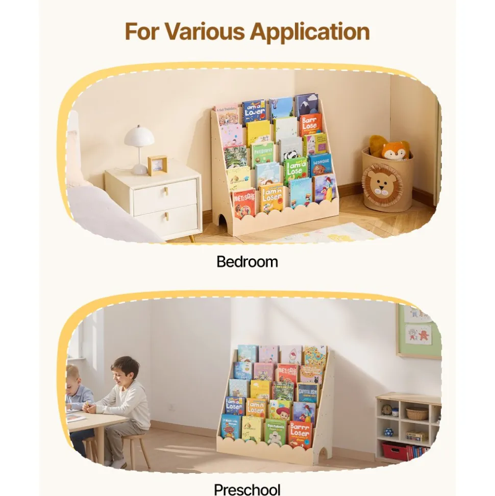 VEVOR Montessori Bookshelf, 5-Tier Scalloped Kids Bookshelf, Front Facing Toddler Bookcase, Dual Hooks for Hanging Backpacks, Baby Bookshelf for Kids Room, Living Room, Entryway, Nursury, Preschool