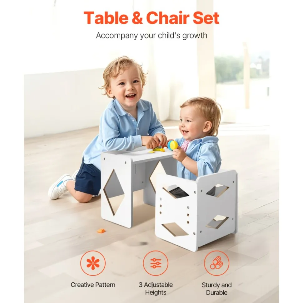 VEVOR Montessori Weaning Table and Chair Set, Wooden Toddler Table and Chair Set for Aged 1-5, Adjustable Height Kids Montessori Chair and Activity Table, Ideal for Reading, Eating, Playing - White