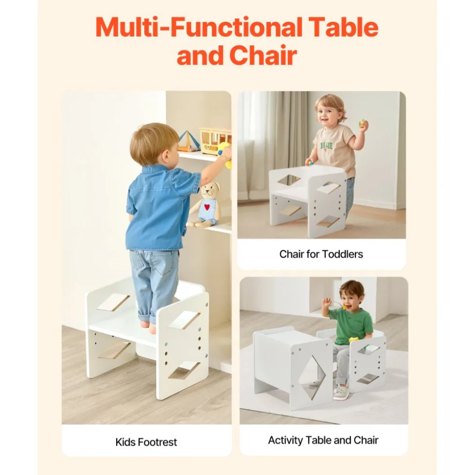 VEVOR Montessori Weaning Table and Chair Set, Wooden Toddler Table and Chair Set for Aged 1-5, Adjustable Height Kids Montessori Chair and Activity Table, Ideal for Reading, Eating, Playing - White