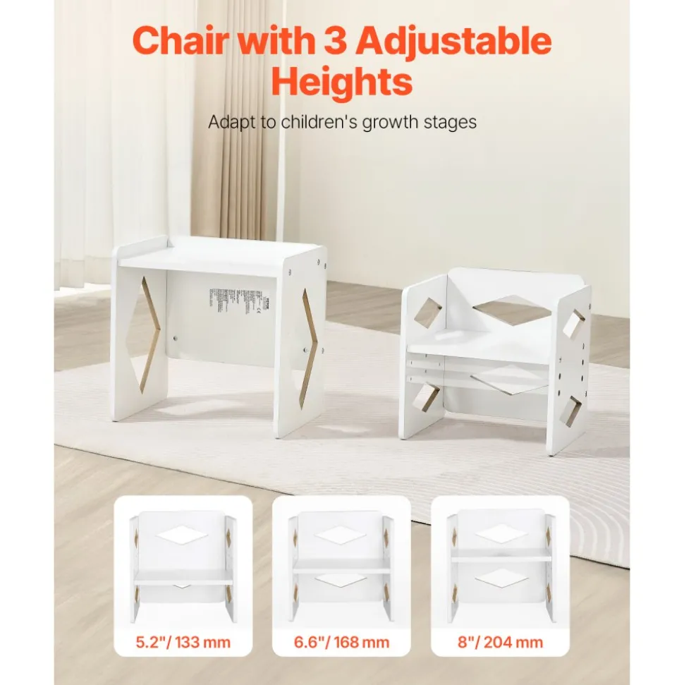 VEVOR Montessori Weaning Table and Chair Set, Wooden Toddler Table and Chair Set for Aged 1-5, Adjustable Height Kids Montessori Chair and Activity Table, Ideal for Reading, Eating, Playing - White