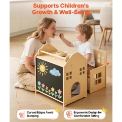 VEVOR Montessori Weaning Table and Chair Set, Wooden, 3 in 1 Kids Table and Chair Set for Toddlers 1-5, with Detachable Chalkboard, 0°& 35°Angles, Easy to Clean, for Eating Drawing Reading Playing