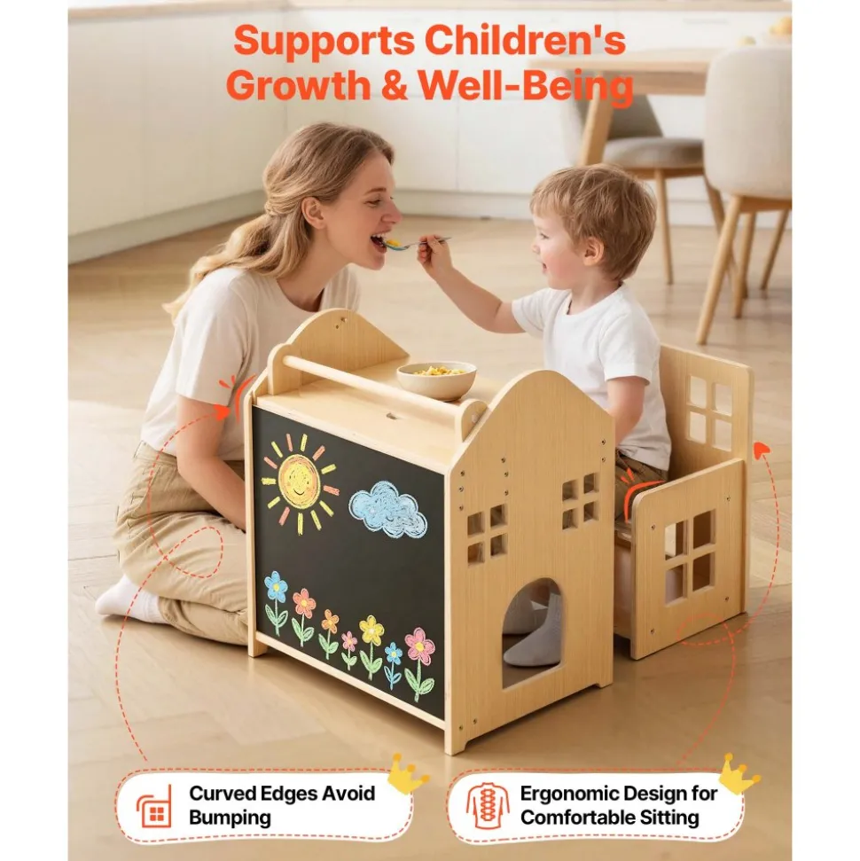 VEVOR Montessori Weaning Table and Chair Set, Wooden, 3 in 1 Kids Table and Chair Set for Toddlers 1-5, with Detachable Chalkboard, 0°& 35°Angles, Easy to Clean, for Eating Drawing Reading Playing