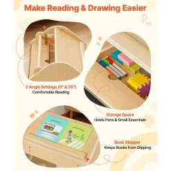 VEVOR Montessori Weaning Table and Chair Set, Wooden, 3 in 1 Kids Table and Chair Set for Toddlers 1-5, with Detachable Chalkboard, 0°& 35°Angles, Easy to Clean, for Eating Drawing Reading Playing