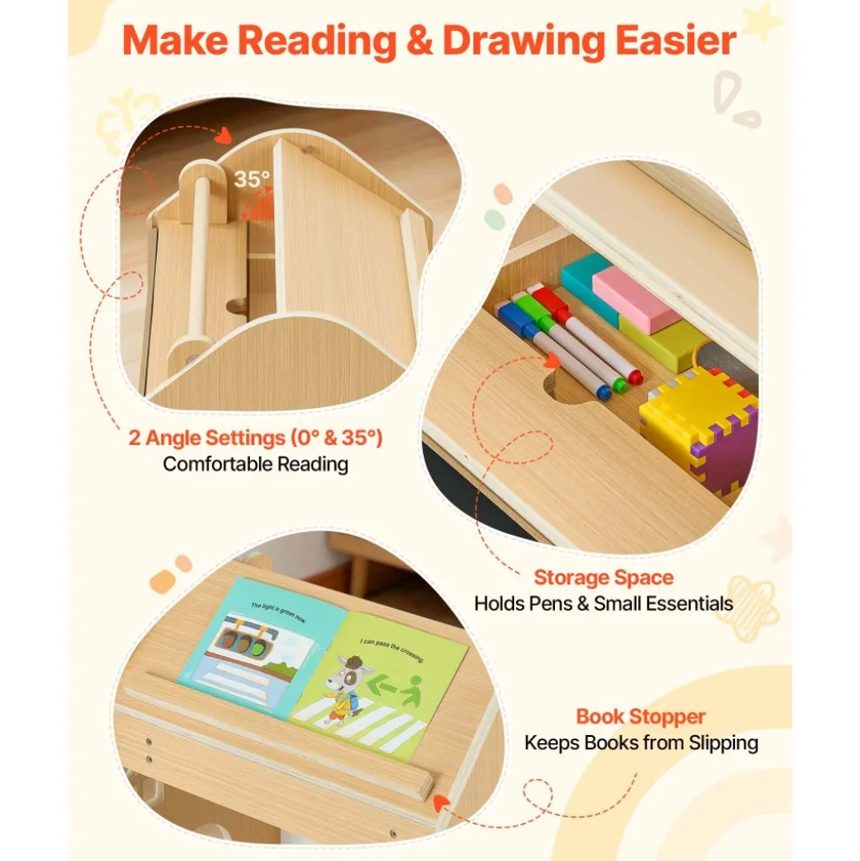 VEVOR Montessori Weaning Table and Chair Set, Wooden, 3 in 1 Kids Table and Chair Set for Toddlers 1-5, with Detachable Chalkboard, 0°& 35°Angles, Easy to Clean, for Eating Drawing Reading Playing
