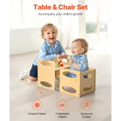 VEVOR Montessori Weaning Table and Chair Set, Wooden Toddler Table and Chair Set for Aged 1-5, Adjustable Height Kids Montessori Chair and Activity Table, Ideal for Reading, Eating, Playing - Natural