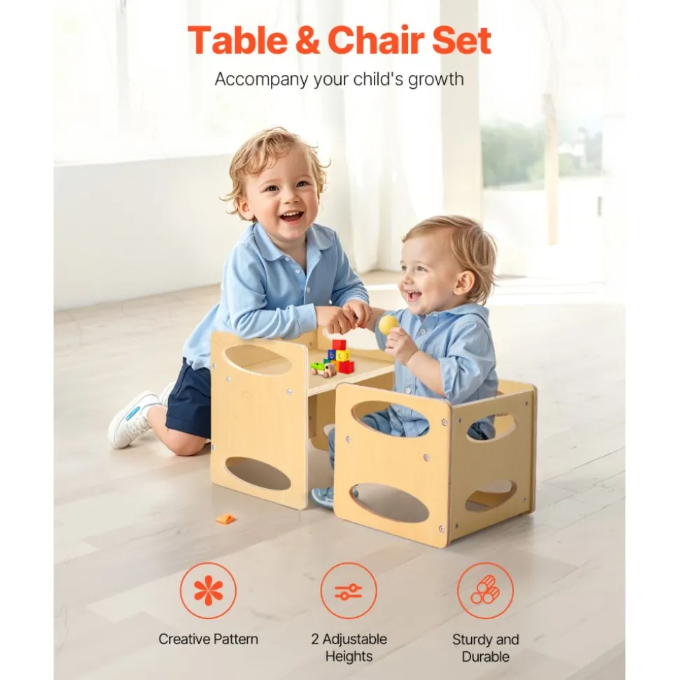 VEVOR Montessori Weaning Table and Chair Set, Wooden Toddler Table and Chair Set for Aged 1-5, Adjustable Height Kids Montessori Chair and Activity Table, Ideal for Reading, Eating, Playing - Natural