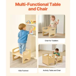 VEVOR Montessori Weaning Table and Chair Set, Wooden Toddler Table and Chair Set for Aged 1-5, Adjustable Height Kids Montessori Chair and Activity Table, Ideal for Reading, Eating, Playing - Natural