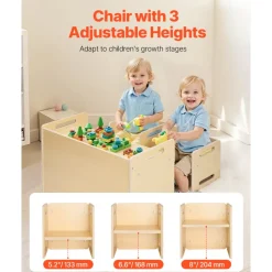 VEVOR Montessori Weaning Table and Chair Set, Wooden Toddler Table and Chair Set with 2 Chairs, Adjustable Height Montessori Chair and Activity Table, Ideal for Reading, Eating, Playing - Natural