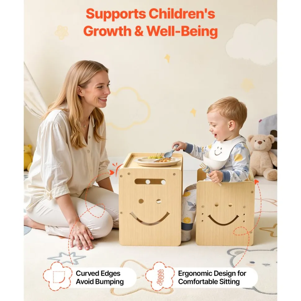 VEVOR Montessori Weaning Table and Chair Set, Wooden, Kids Table and Chair Set for Toddlers 1-5, Step Stool with Whiteboard and 3 Heights Adjustable, Easy to Clean, for Eating Drawing Reading Playing