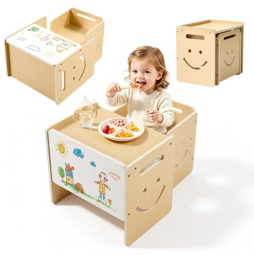 VEVOR Montessori Weaning Table and Chair Set, Wooden, Kids Table and Chair Set for Toddlers 1-5, Step Stool with Whiteboard and 3 Heights Adjustable, Easy to Clean, for Eating Drawing Reading Playing