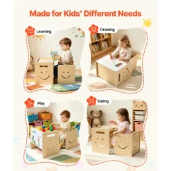 VEVOR Montessori Weaning Table and Chair Set, Wooden, Kids Table and Chair Set for Toddlers 1-5, Step Stool with Whiteboard and 3 Heights Adjustable, Easy to Clean, for Eating Drawing Reading Playing