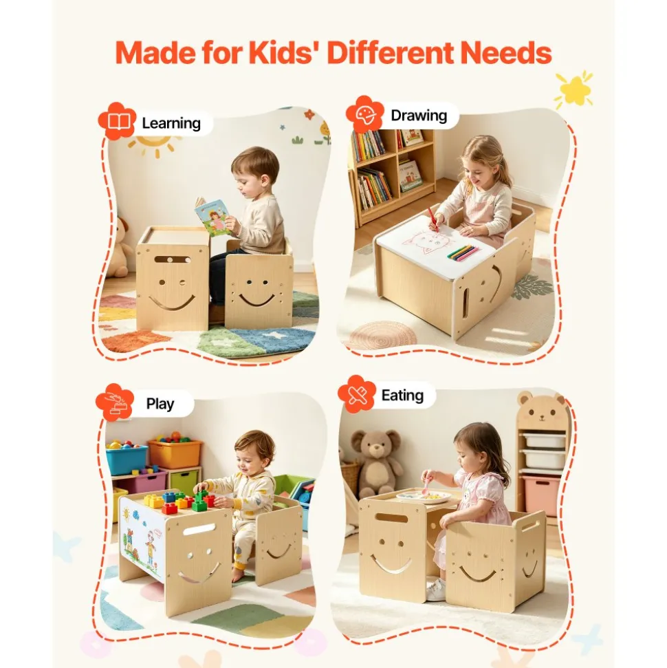 VEVOR Montessori Weaning Table and Chair Set, Wooden, Kids Table and Chair Set for Toddlers 1-5, Step Stool with Whiteboard and 3 Heights Adjustable, Easy to Clean, for Eating Drawing Reading Playing