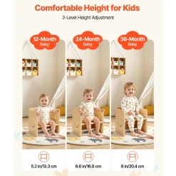 VEVOR Montessori Weaning Table and Chair Set, Wooden, Kids Table and Chair Set for Toddlers 1-5, Step Stool with Whiteboard and 3 Heights Adjustable, Easy to Clean, for Eating Drawing Reading Playing