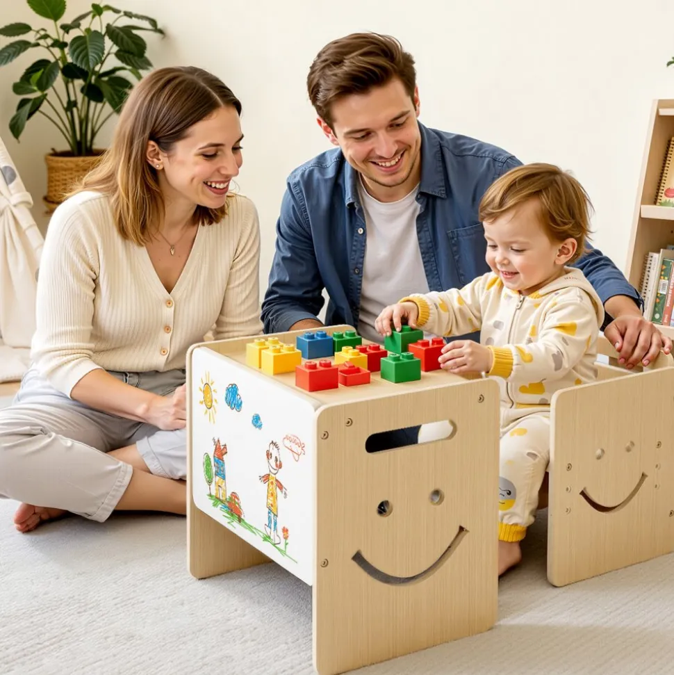 VEVOR Montessori Weaning Table and Chair Set, Wooden, Kids Table and Chair Set for Toddlers 1-5, Step Stool with Whiteboard and 3 Heights Adjustable, Easy to Clean, for Eating Drawing Reading Playing