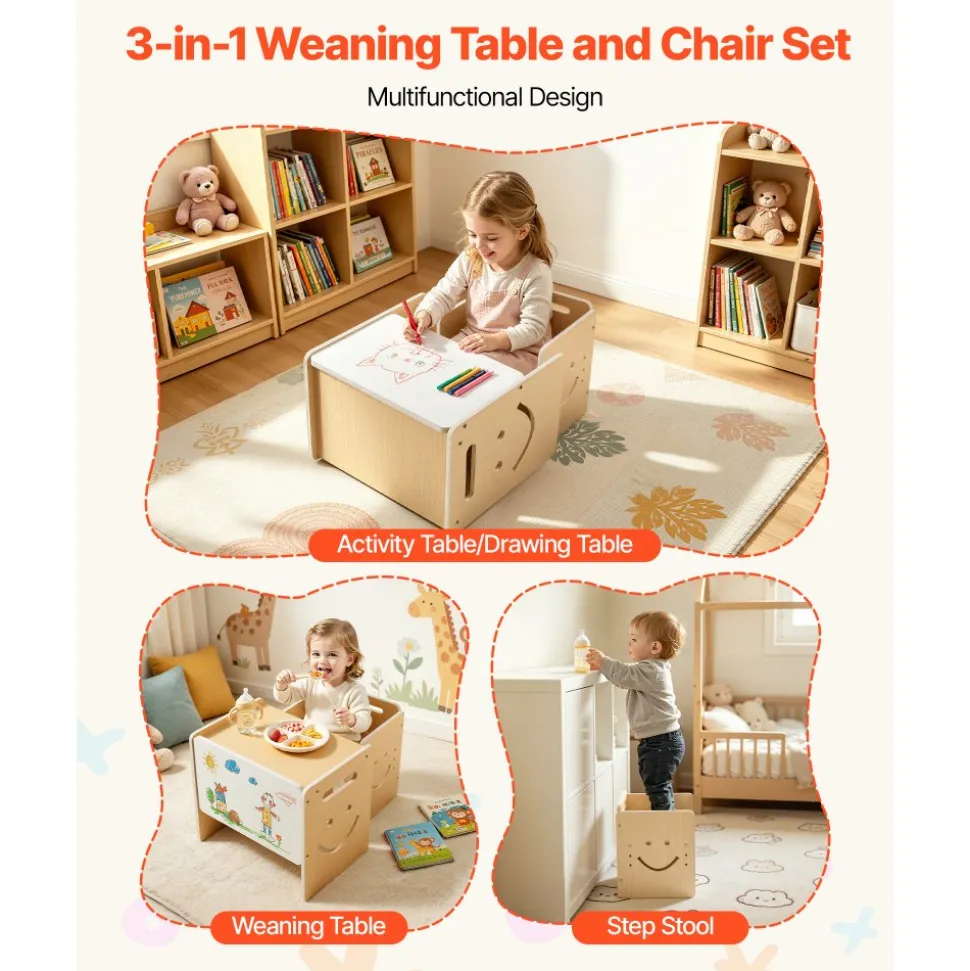 VEVOR Montessori Weaning Table and Chair Set, Wooden, Kids Table and Chair Set for Toddlers 1-5, Step Stool with Whiteboard and 3 Heights Adjustable, Easy to Clean, for Eating Drawing Reading Playing