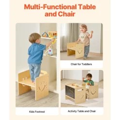 VEVOR Montessori Weaning Table and Chair Set, 3 In 1 Wooden Toddler Table and Chairs with Chalkboard, Adjustable Height Montessori Table for Ages 1-5, Ideal for Drawing, Reading, Eating - Natural