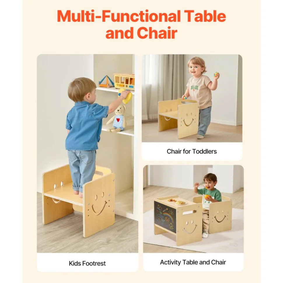 VEVOR Montessori Weaning Table and Chair Set, 3 In 1 Wooden Toddler Table and Chairs with Chalkboard, Adjustable Height Montessori Table for Ages 1-5, Ideal for Drawing, Reading, Eating - Natural