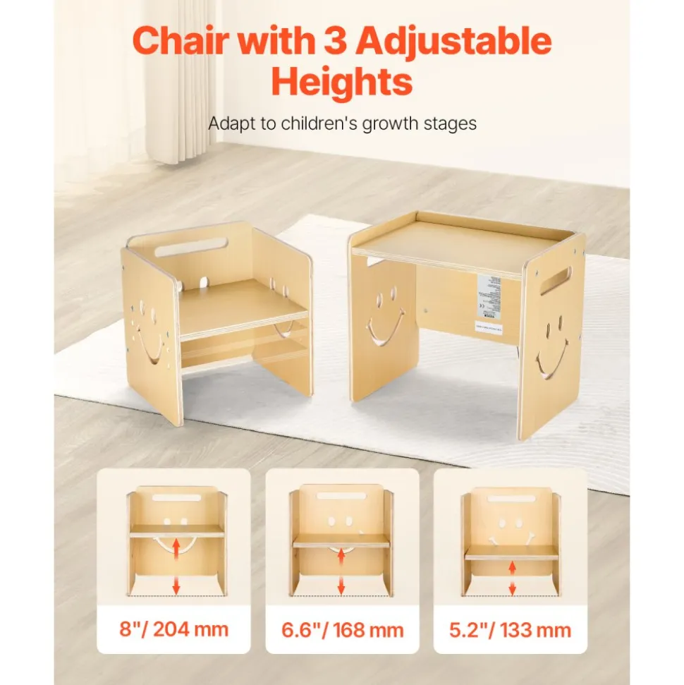 VEVOR Montessori Weaning Table and Chair Set, 3 In 1 Wooden Toddler Table and Chairs with Chalkboard, Adjustable Height Montessori Table for Ages 1-5, Ideal for Drawing, Reading, Eating - Natural