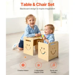 VEVOR Montessori Weaning Table and Chair Set, 3 In 1 Wooden Toddler Table and Chairs with Chalkboard, Adjustable Height Montessori Table for Ages 1-5, Ideal for Drawing, Reading, Eating - Natural