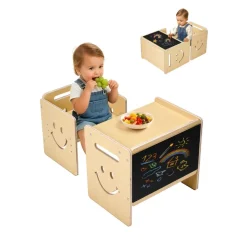 VEVOR Montessori Weaning Table and Chair Set, 3 In 1 Wooden Toddler Table and Chairs with Chalkboard, Adjustable Height Montessori Table for Ages 1-5, Ideal for Drawing, Reading, Eating - Natural