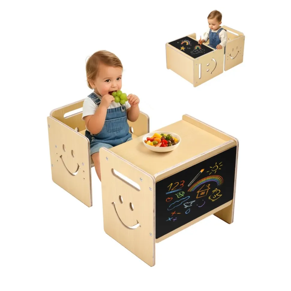 VEVOR Montessori Weaning Table and Chair Set, 3 In 1 Wooden Toddler Table and Chairs with Chalkboard, Adjustable Height Montessori Table for Ages 1-5, Ideal for Drawing, Reading, Eating - Natural