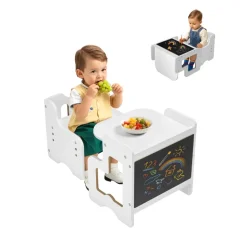 VEVOR Montessori Weaning Table and Chair Set, 3 In 1 Wooden Toddler Table and Chairs with Chalkboard, Adjustable Height Montessori Table for Ages 1-5, Ideal for Drawing, Reading, Eating - White