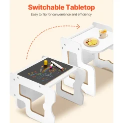 VEVOR Montessori Weaning Table and Chair Set, 3 In 1 Wooden Toddler Table and Chairs with Chalkboard, Adjustable Height Montessori Table for Ages 1-5, Ideal for Drawing, Reading, Eating - White