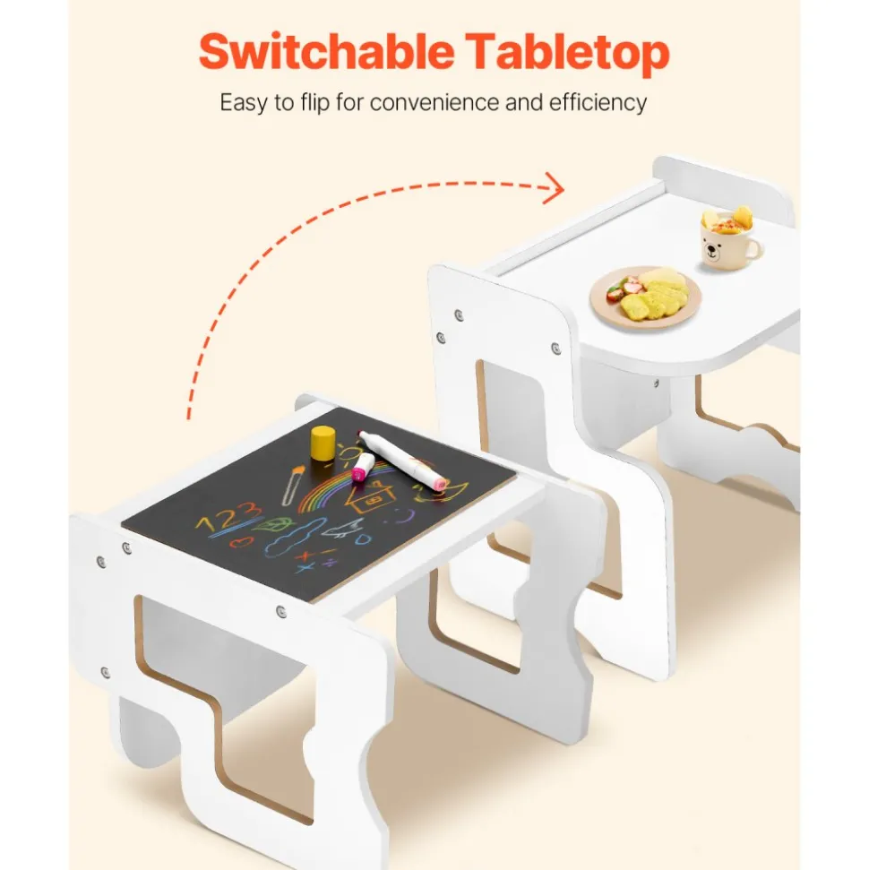 VEVOR Montessori Weaning Table and Chair Set, 3 In 1 Wooden Toddler Table and Chairs with Chalkboard, Adjustable Height Montessori Table for Ages 1-5, Ideal for Drawing, Reading, Eating - White