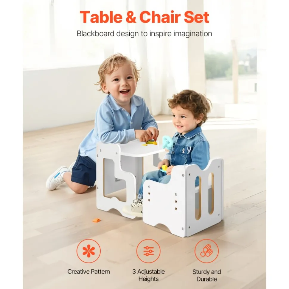 VEVOR Montessori Weaning Table and Chair Set, 3 In 1 Wooden Toddler Table and Chairs with Chalkboard, Adjustable Height Montessori Table for Ages 1-5, Ideal for Drawing, Reading, Eating - White