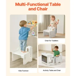 VEVOR Montessori Weaning Table and Chair Set, 3 In 1 Wooden Toddler Table and Chairs with Chalkboard, Adjustable Height Montessori Table for Ages 1-5, Ideal for Drawing, Reading, Eating - White