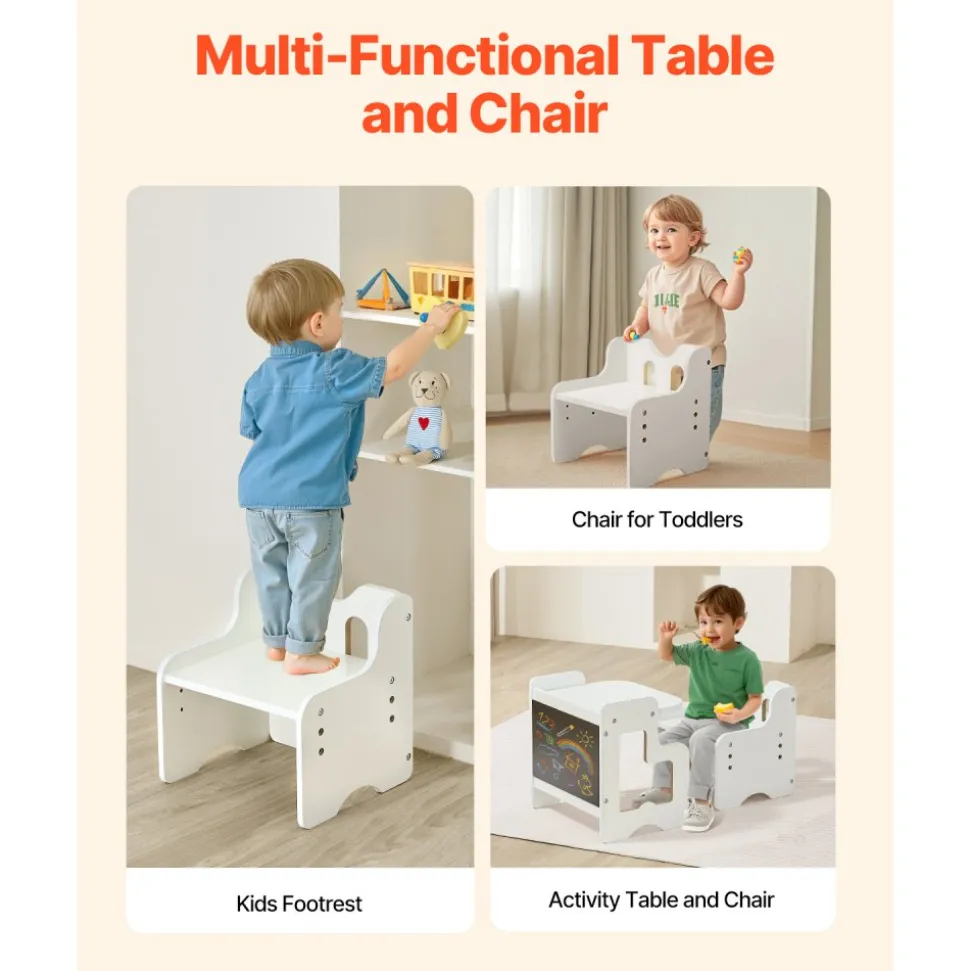 VEVOR Montessori Weaning Table and Chair Set, 3 In 1 Wooden Toddler Table and Chairs with Chalkboard, Adjustable Height Montessori Table for Ages 1-5, Ideal for Drawing, Reading, Eating - White