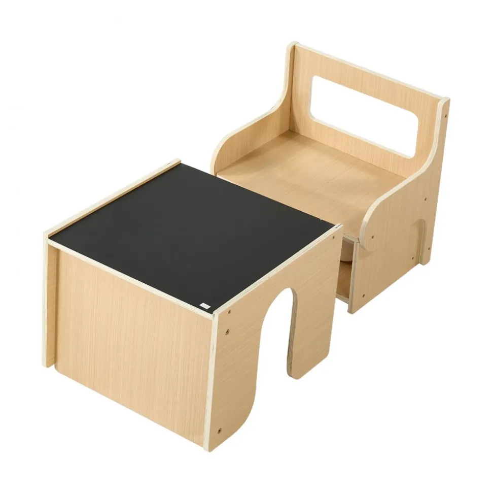 VEVOR Montessori Weaning Table and Chair Set, Wooden, Kids Table and Chair Set for Toddlers 1-5, Step Stool with Blackboard and Storage Space, Easy to Clean, for Eating, Drawing, Reading, Playing